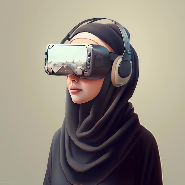 Femme musulmane portant des lunettes de réalité virtuelle Concept technologique futur AI générative