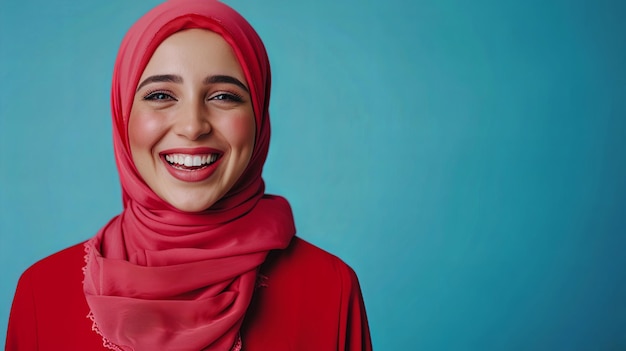 Une femme musulmane positive sourit avec joie, porte le hijab rouge traditionnel et sourit.