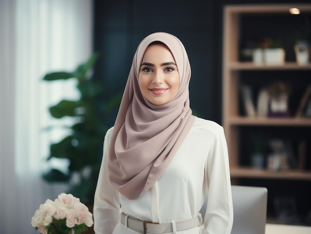 Femme musulmane professionnelle debout dans son bureau tout en regardant la caméra et souriant