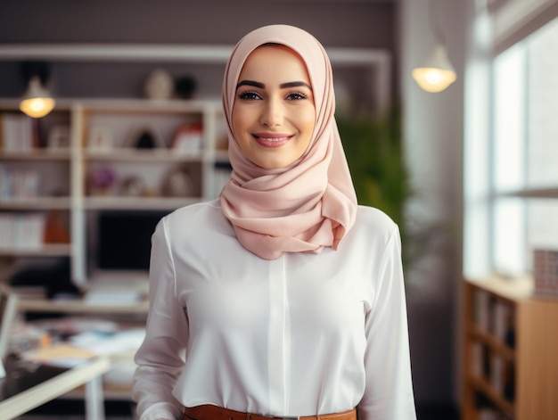 Femme musulmane professionnelle debout dans son bureau tout en regardant la caméra et souriant