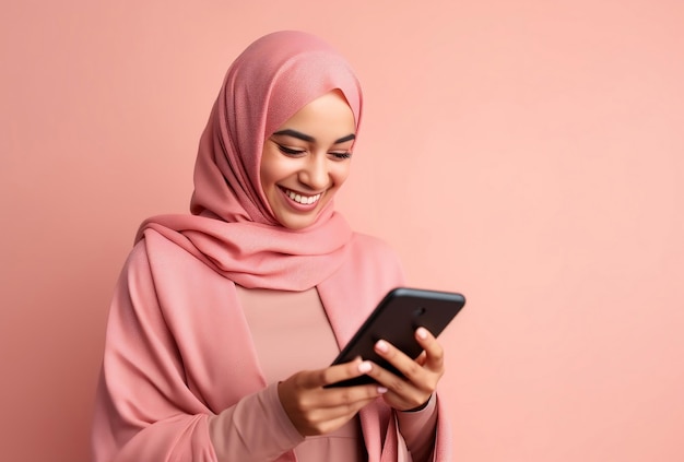 une femme musulmane regardant son téléphone portable tout en souriant sur fond rose