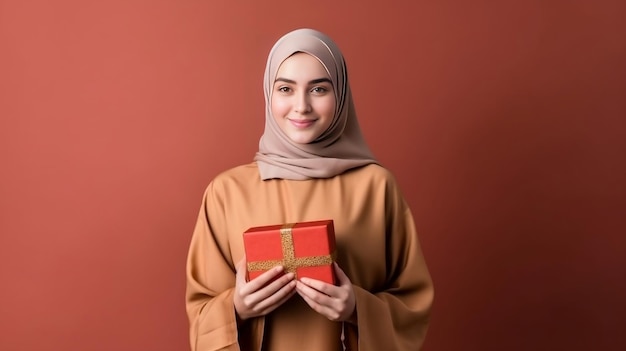 Une femme musulmane tenant une boîte cadeau rouge