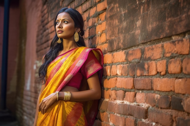 Une femme mystérieuse dans un saree orange et blanc.