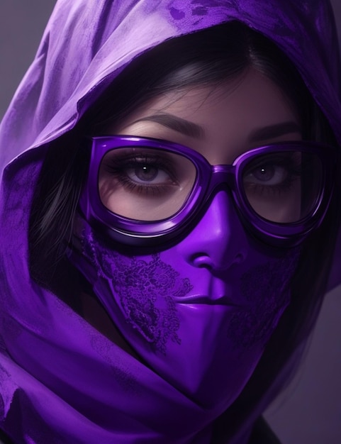 Photo une femme mystérieuse avec un masque violet et des lunettes cachées derrière un voile de douleur violette