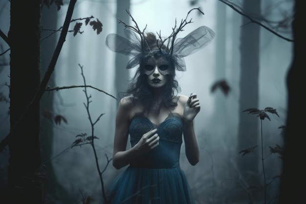 Femme mystérieuse masquée dans une forêt
