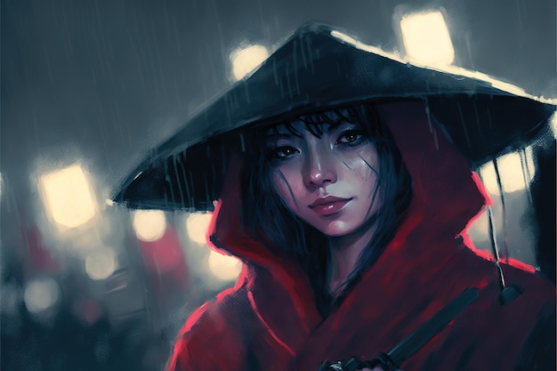 Femme mystérieuse avec parapluie la nuit pluvieuse style art numérique illustration peinture concept fantastique d'une femme mystérieuse avec parapluie