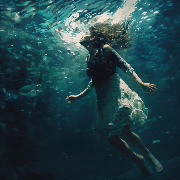 Une femme nage dans l'eau avec une robe.