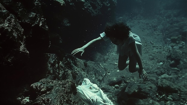 Photo une femme nage dans une grotte sous-marine avec un tissu blanc