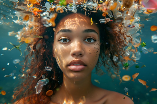 Photo une femme nage sous l'eau dans les ordures et les déchets plastiques de l'océan concept de pollution environnementale par le plastique