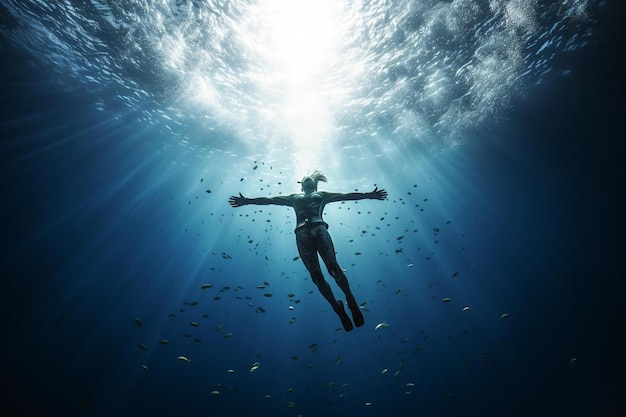 une femme nageant sous l'eau avec un plongeur dans l'eau.