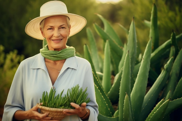 Femme naturelle et nourrissante derrière la plante d'aloe vera Generative Ai