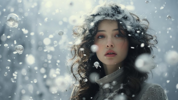 une femme avec de la neige sur la tête