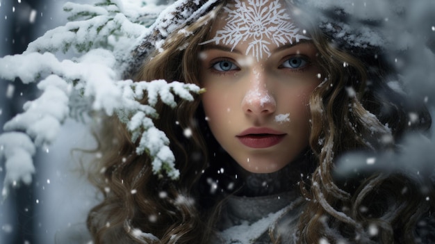 Photo une femme avec de la neige sur le visage dans la neige