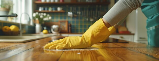Une femme nettoie une table en bois avec des gants en caoutchouc jaunes