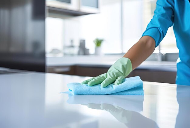 femme nettoyant un article dans une cuisine dans le style d'azur clair et