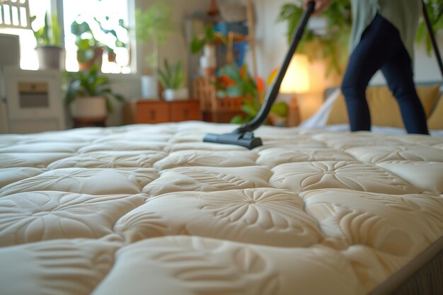 Une femme nettoyant un matelas avec un aspirateur avec un grand espace de copie et une toile de fond floue IA générative