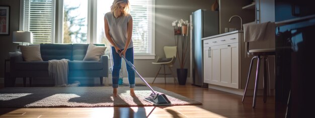 Femme nettoyant le sol avec un balai humide à la maison