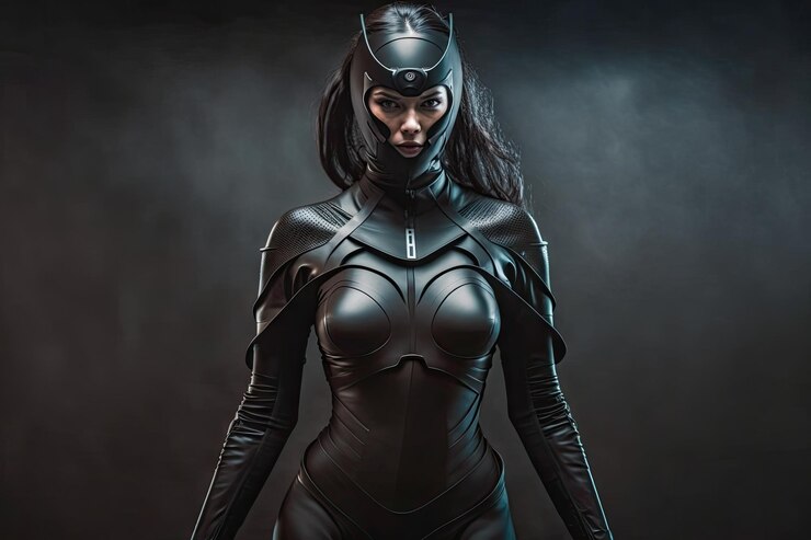 Femme ninja en body complet isolé sur fond noir
