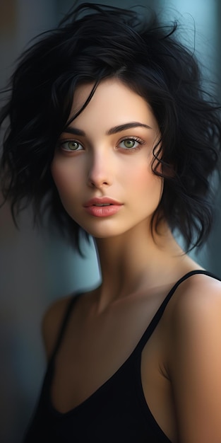 femme noir haut posant pâle maquillage naturel cheveux courts visage portrait frontal poupée délicate jeune