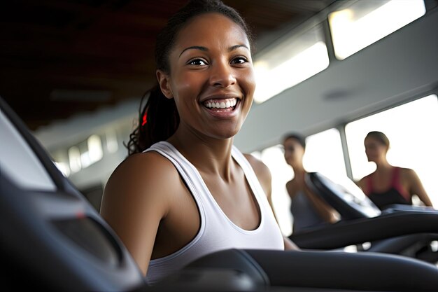 Femme noire africaine s'entraînant à faire du jogging à la salle de sport, mode de vie naturel et sain