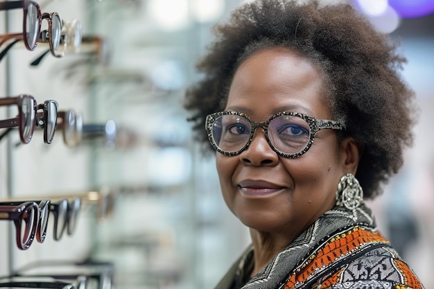 Une femme noire âgée dans un magasin d'optique. Un client essaie de mettre de nouvelles lunettes.