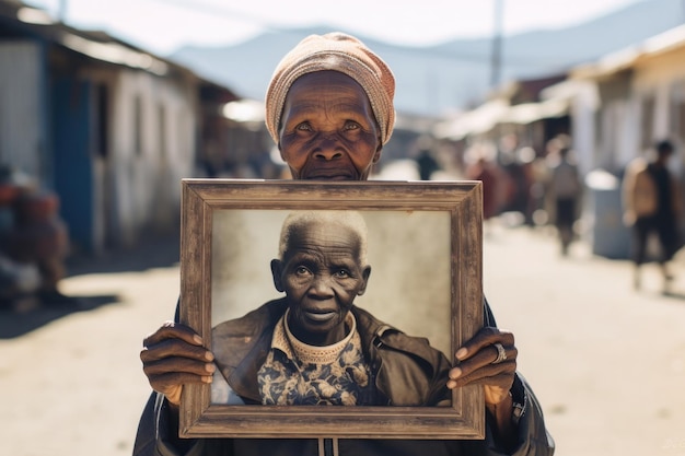 Une femme noire âgée tient une vieille photographie dans ses mains avec une image de jeune femme Souvenirs agréables du concept de jeunesse de la vie passagère Créé avec l'IA générative