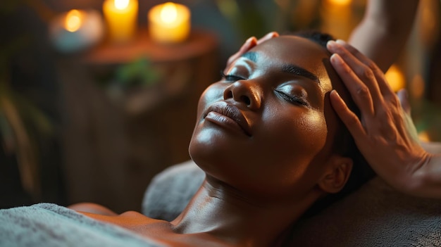 Une femme noire attrayante profitant d'un massage facial au salon de spa.