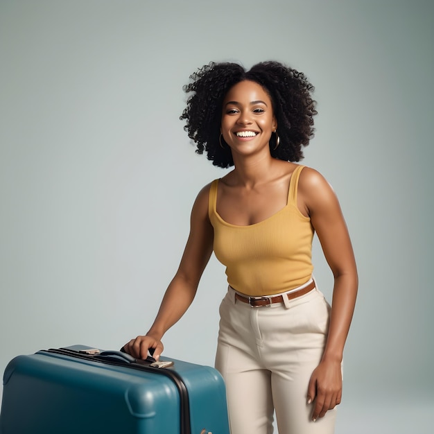 Une femme noire attrayante et souriante avec sa valise de voyage pleine.