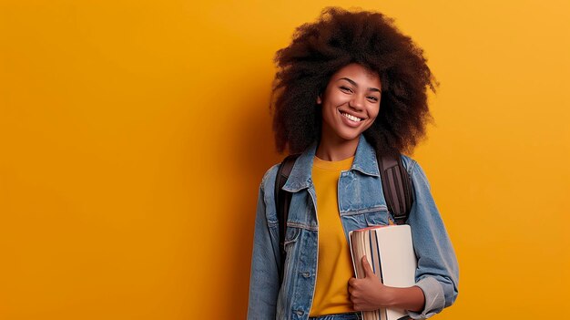 femme noire aux cheveux bouclés afro tenant des cahiers et souriante dans un studio de photographie