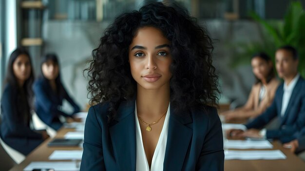 Photo une femme noire aux cheveux bouclés est assise à une table de bureau avec d'autres personnes