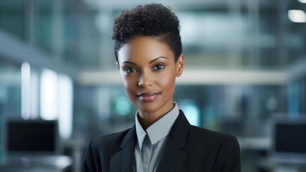 Femme noire aux cheveux courts en costume à l'arrière-plan flou du bureau