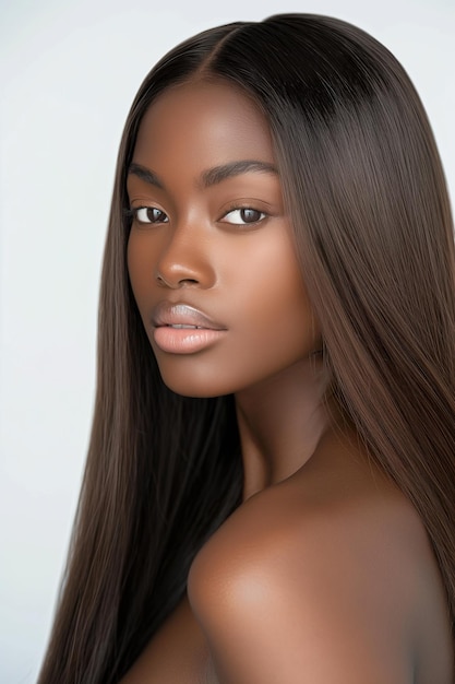 Une femme noire aux cheveux longs et fluides se tient confiante sur un fond blanc.