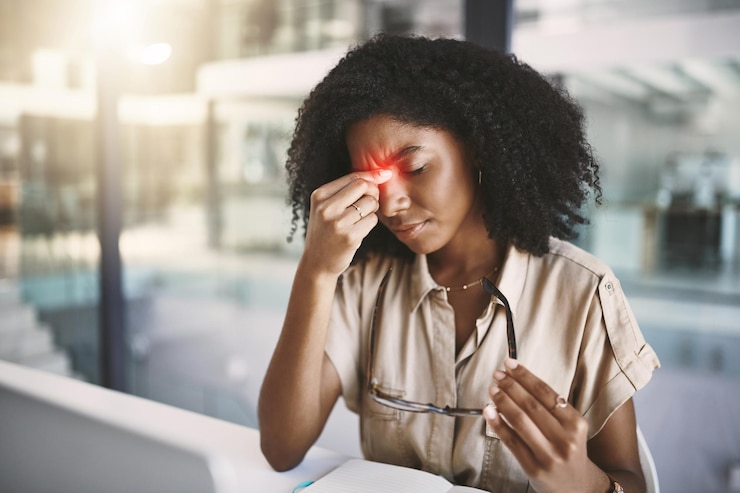 Photo femme noire de bureau et fatigue oculaire avec mal de tête pour le stress mauvaise ergonomie et fatigue numérique de l'écrivain mal de tête rouge et migraine du journaliste pour l'article date limite fatigué et recouvrement