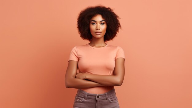 Une femme noire confiante se tient avec les bras croisés contre un fond beige rose solide apaisant.