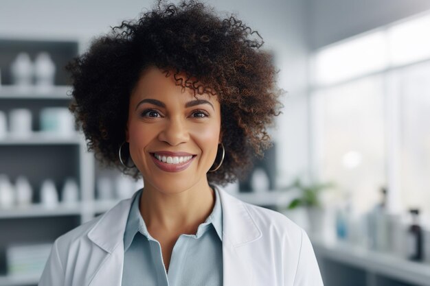 Une femme noire confiante souriant dans le cabinet médical.