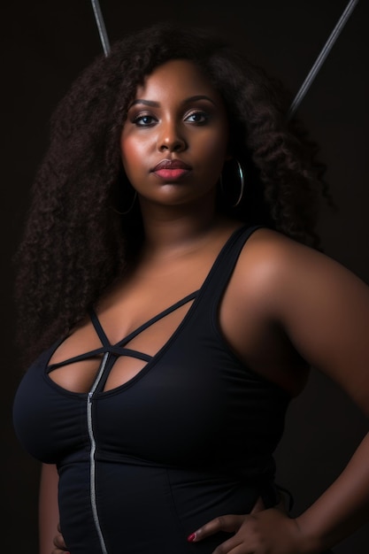 une femme noire dans un body noir posant avec ses mains sur ses hanches