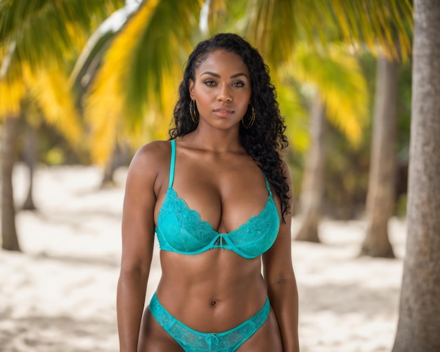 Une femme noire dans un soutien-gorge turquoise et des culottes debout sur la plage