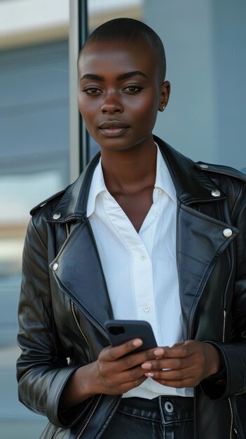 Une femme noire dans une veste en cuir regardant son téléphone attentivement