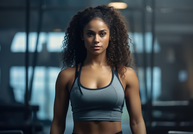 une femme noire debout dans un gymnase portant un tank top