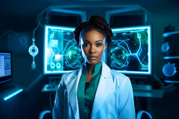 Une femme noire docteur confiante dans un laboratoire médical moderne