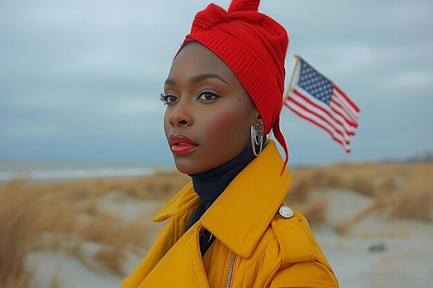 Femme noire avec des drapeaux américains sur le sable