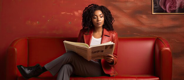 Photo femme noire avec des dreadlocks lisant le journal sur un canapé en cuir rouge contre un mur de briques rouges jeune conseiller expert financier