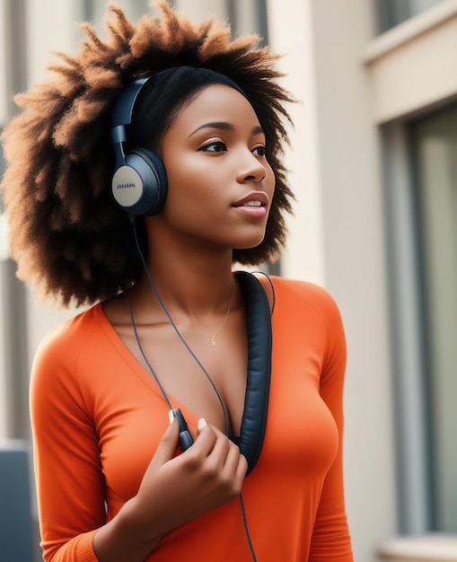 Une femme noire écoutant de la musique avec des écouteurs dans une rue de la ville Illustration IA générative