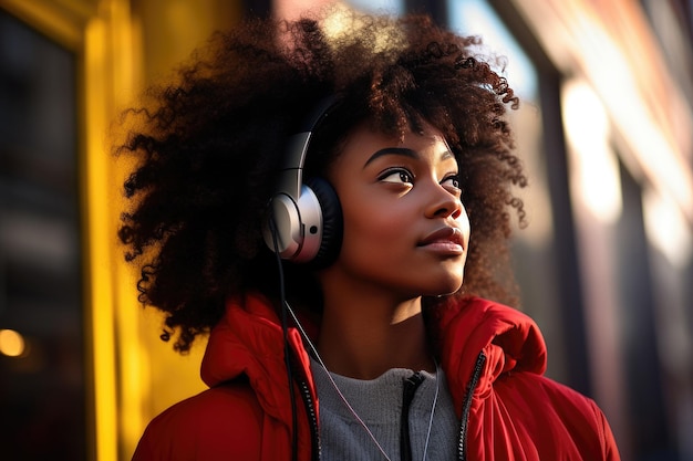 Femme noire écoutant de la musique avec des écouteurs dans la rue