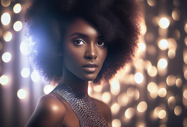 Une femme noire élégante et à la mode avec des cheveux afro dans le club de disco Generate Ai