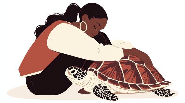 Photo une femme noire embrassant sa tortue domestique dans une illustration esthétique minimale