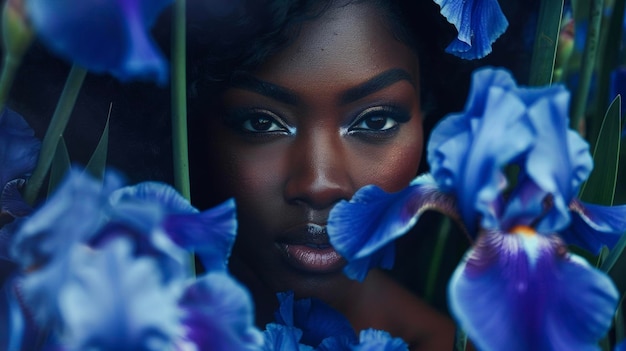 Une femme noire exhale à la fois la grâce et la force alors qu'elle se tient au milieu d'un jardin d'iris bleu foncé