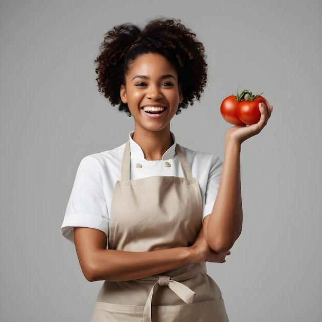 Une femme noire heureuse, chef, tomate à la main.