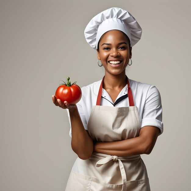 Une femme noire heureuse, chef, tomate à la main.