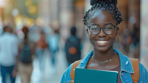 Femme noire heureuse étudiante à l'université avec un portrait de lui-même perspectives souhaits générative Ai